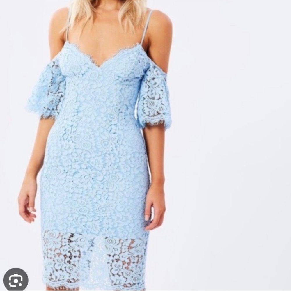 Bardot lace off the shoulder dress light blue, bought at revolve